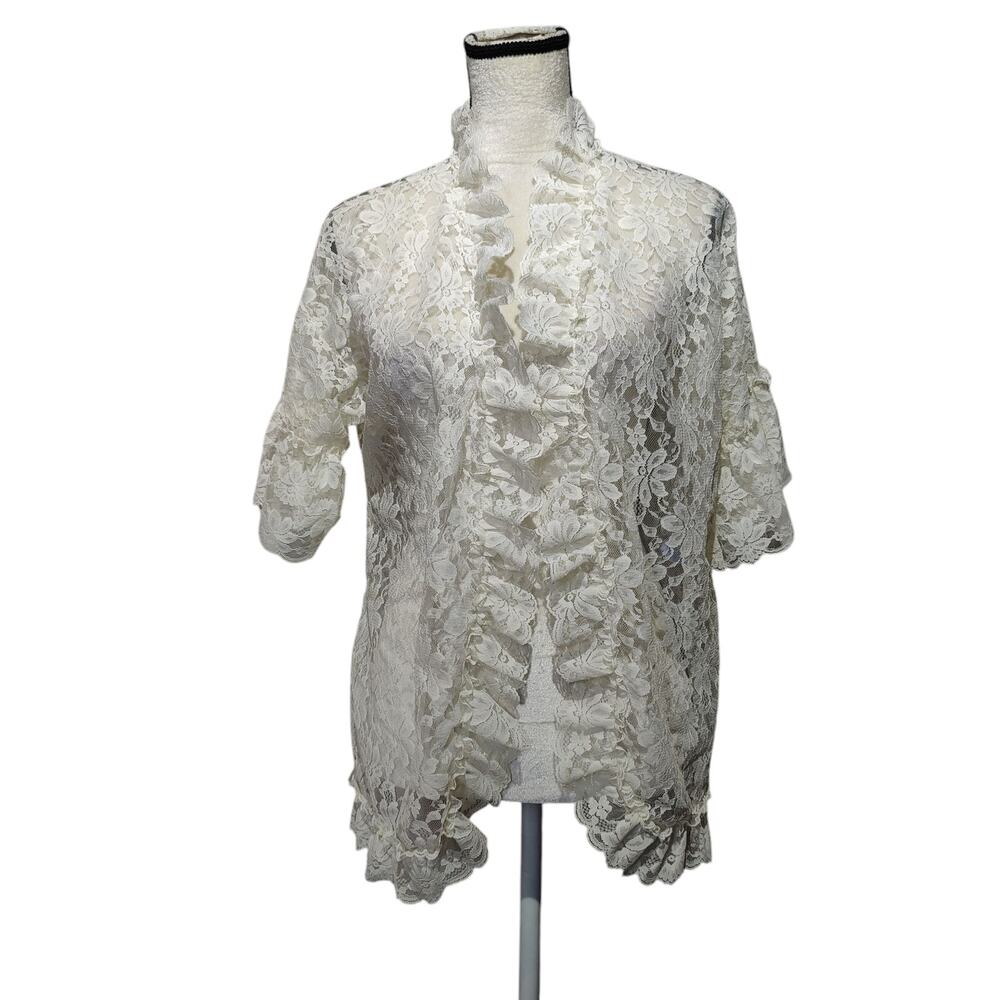 Vintage Women's Sz M Lady Cameo Ivory Lace Bed Jacket Short Robe Ruffle Trim